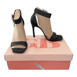 GB Be-Mine Black Glitter Rhinestone Heart Buckle Ankle Strap Heels Size 8